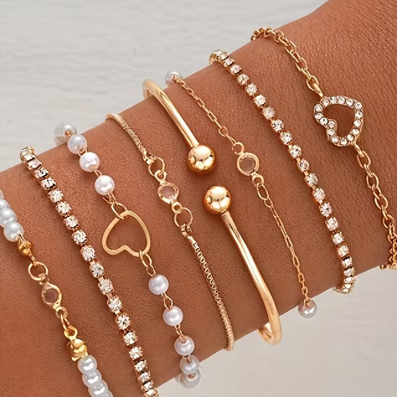 8pc Pearl Bracelet Set Gold or Silver