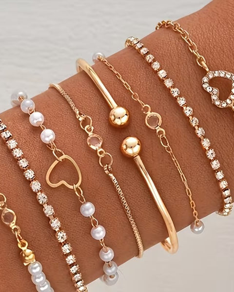 8pc Pearl Bracelet Set Gold or Silver