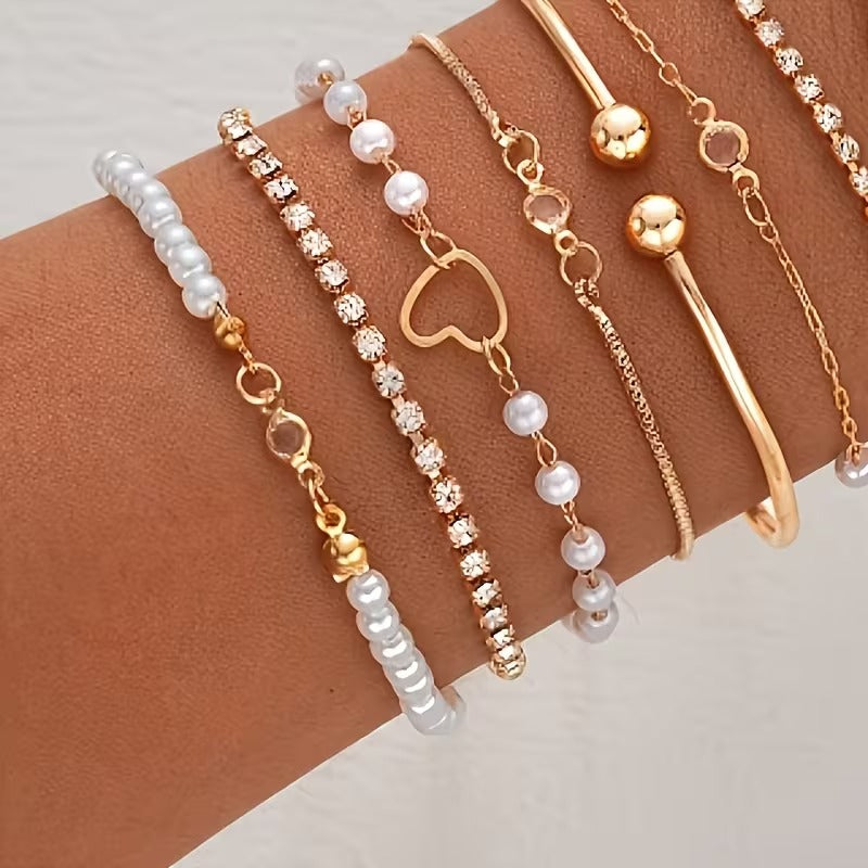 8pc Pearl Bracelet Set Gold or Silver