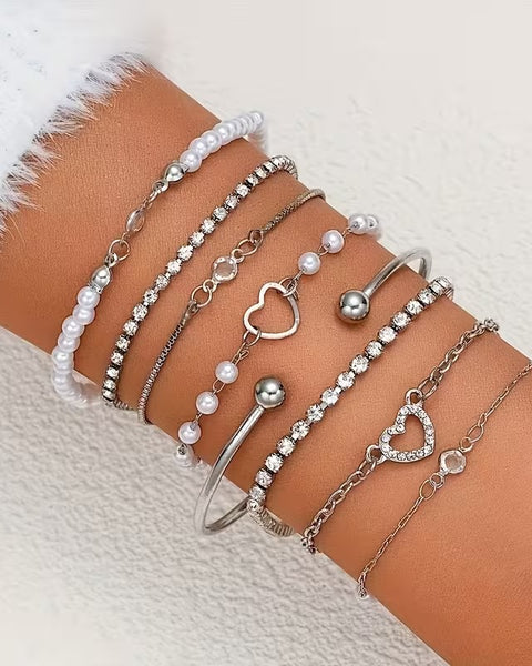 8pc Pearl Bracelet Set Gold or Silver