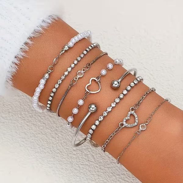 8pc Pearl Bracelet Set Gold or Silver