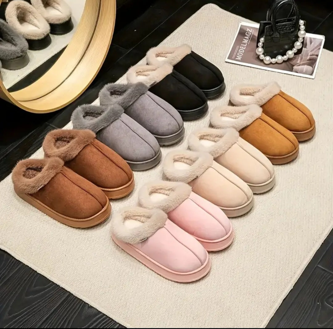 Fashionable And Elegant Short-Haired Plush Warm Thick-Soled EVA Slippers with a Color-Matched Sole., Women Shoes