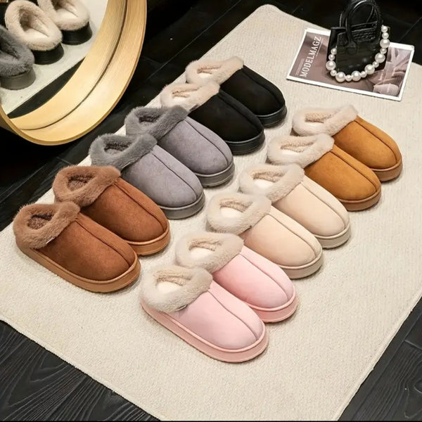 Fashionable And Elegant Short-Haired Plush Warm Thick-Soled EVA Slippers with a Color-Matched Sole., Women Shoes