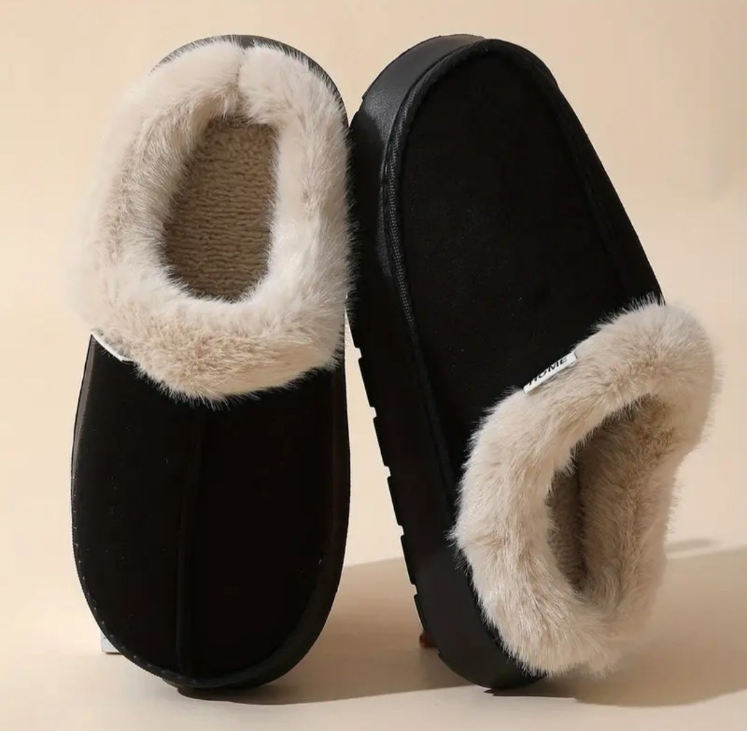 Fashionable And Elegant Short-Haired Plush Warm Thick-Soled EVA Slippers with a Color-Matched Sole., Women Shoes