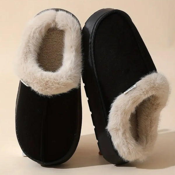Fashionable And Elegant Short-Haired Plush Warm Thick-Soled EVA Slippers with a Color-Matched Sole., Women Shoes