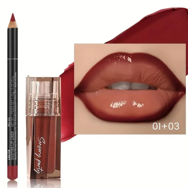 Lip Gloss & Lip Liner Set - Define Your Lips with 3D Precision, Achieve Dewy Look for Any Occasion, Perfectly Versatile for Every Makeup Style!