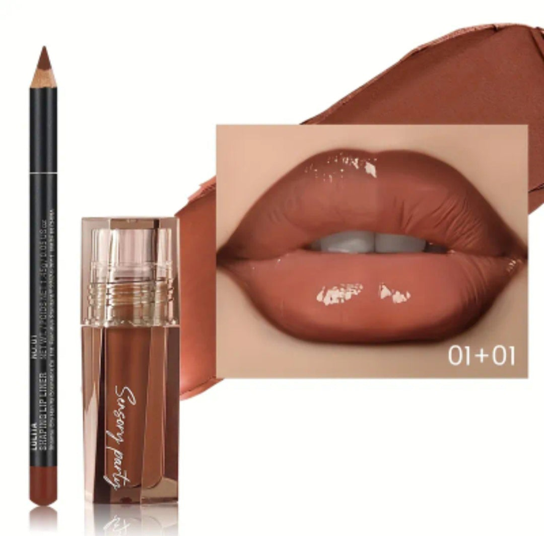 Lip Gloss & Lip Liner Set - Define Your Lips with 3D Precision, Achieve Dewy Look for Any Occasion, Perfectly Versatile for Every Makeup Style!