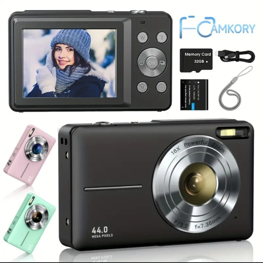 CAMKORY Digital Camera, FHD 1080P 44MP Digital Camera, Digital Point and Shoot Camera with 16X Digital Zoom, Anti Shake, 32GB Memory Card, Compact Small Camera
