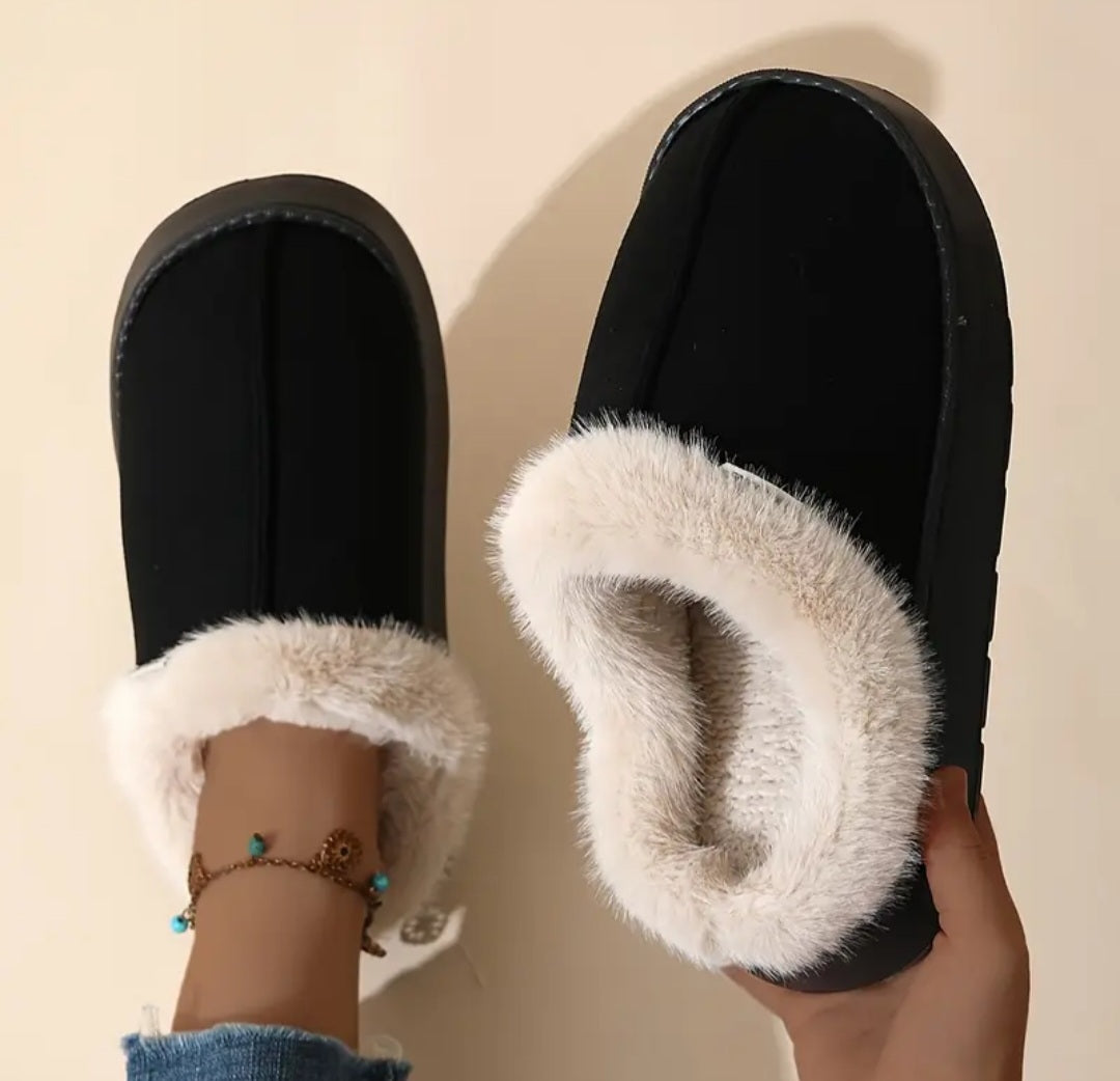 Fashionable And Elegant Short-Haired Plush Warm Thick-Soled EVA Slippers with a Color-Matched Sole., Women Shoes