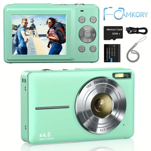 CAMKORY Digital Camera, FHD 1080P 44MP Digital Camera, Digital Point and Shoot Camera with 16X Digital Zoom, Anti Shake, 32GB Memory Card, Compact Small Camera
