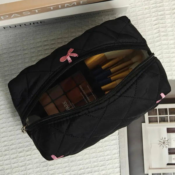 Black embroidery pink bow folding storage bag-ladies portable travel home finishing bag, fashion gift selection, durable zipper design, exquisite accessories