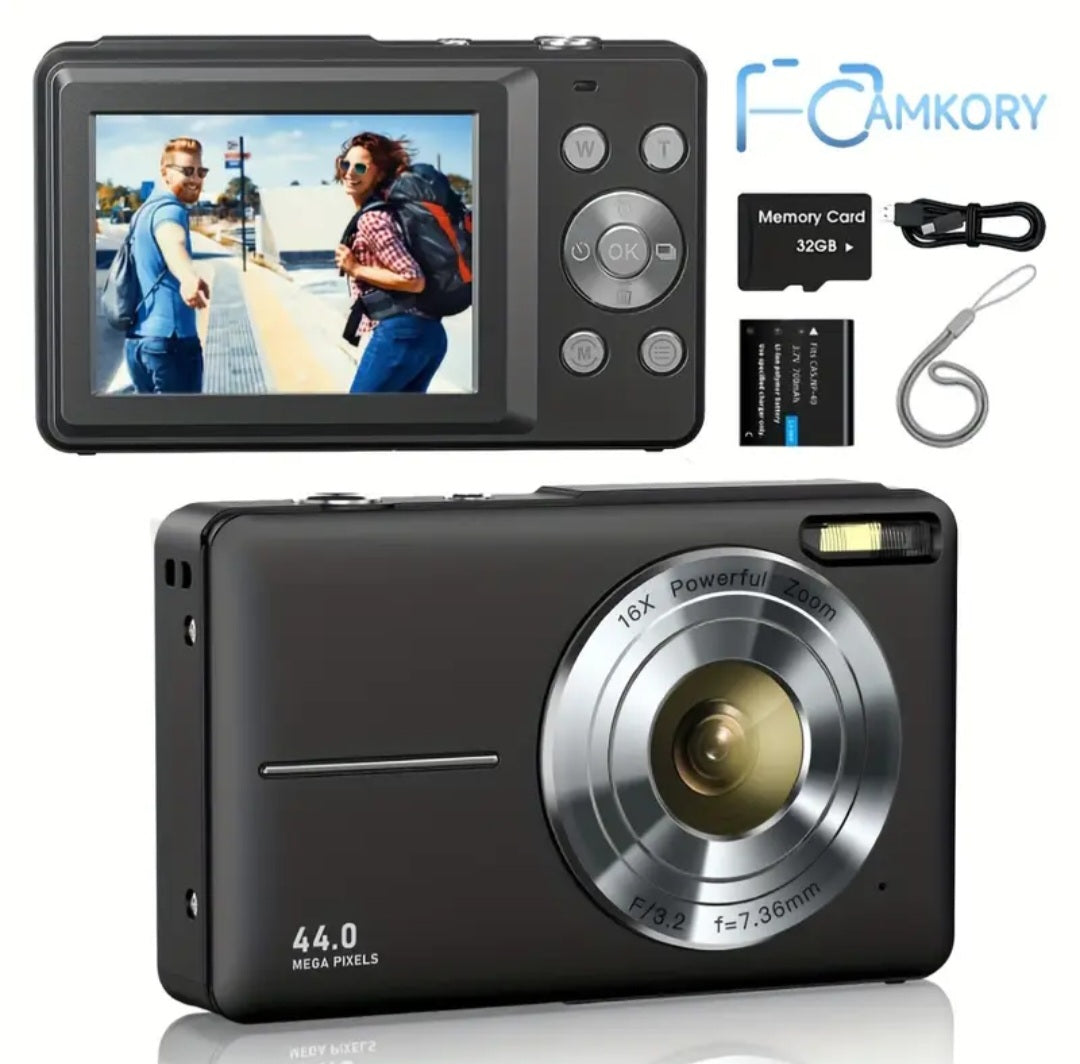 CAMKORY Digital Camera, FHD 1080P 44MP Digital Camera, Digital Point and Shoot Camera with 16X Digital Zoom, Anti Shake, 32GB Memory Card, Compact Small Camera