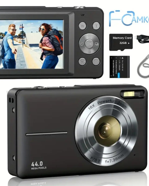 CAMKORY Digital Camera, FHD 1080P 44MP Digital Camera, Digital Point and Shoot Camera with 16X Digital Zoom, Anti Shake, 32GB Memory Card, Compact Small Camera