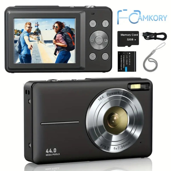 CAMKORY Digital Camera, FHD 1080P 44MP Digital Camera, Digital Point and Shoot Camera with 16X Digital Zoom, Anti Shake, 32GB Memory Card, Compact Small Camera