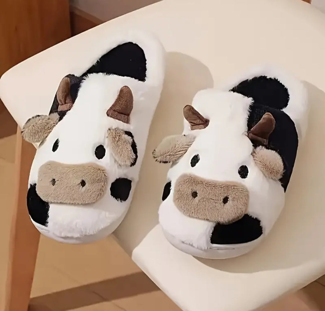 Women'S Plush Cow Print Slippers - Soft Indoor House Shoes with Cow Ears & Moo Moo Design, Cozy Winter Warmth, Non-Slip Rubber Sole