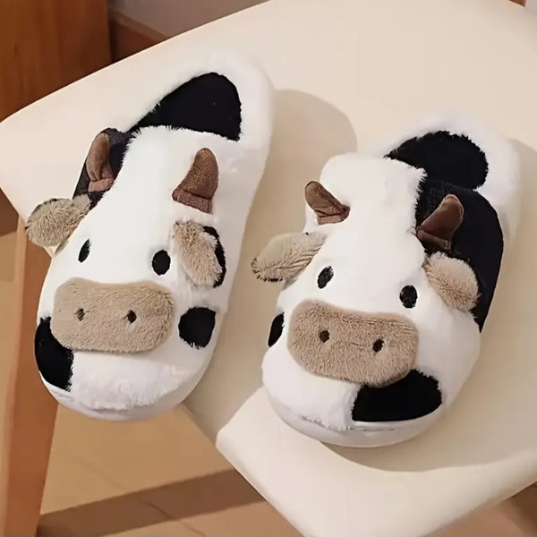 Women'S Plush Cow Print Slippers - Soft Indoor House Shoes with Cow Ears & Moo Moo Design, Cozy Winter Warmth, Non-Slip Rubber Sole