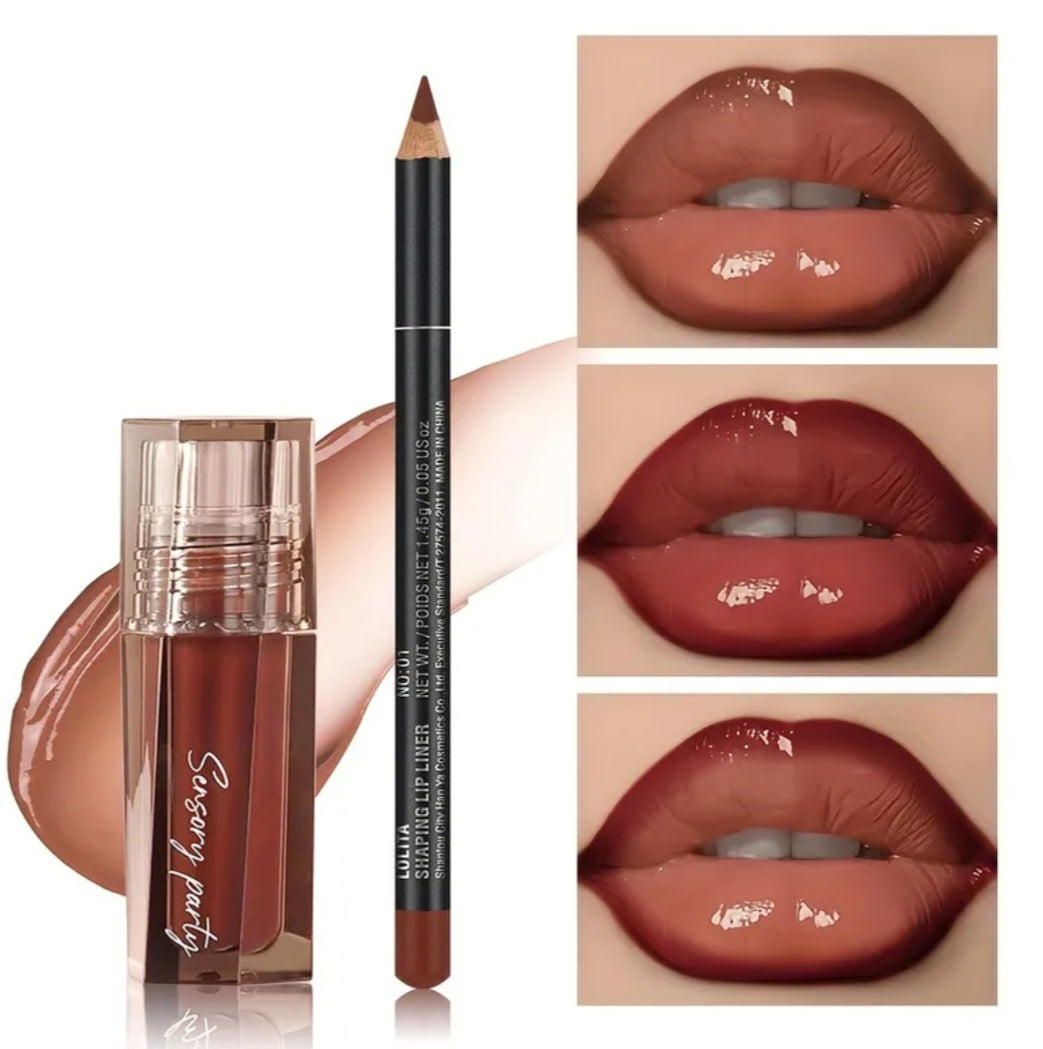 Lip Gloss & Lip Liner Set - Define Your Lips with 3D Precision, Achieve Dewy Look for Any Occasion, Perfectly Versatile for Every Makeup Style!