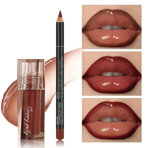 Lip Gloss & Lip Liner Set - Define Your Lips with 3D Precision, Achieve Dewy Look for Any Occasion, Perfectly Versatile for Every Makeup Style!