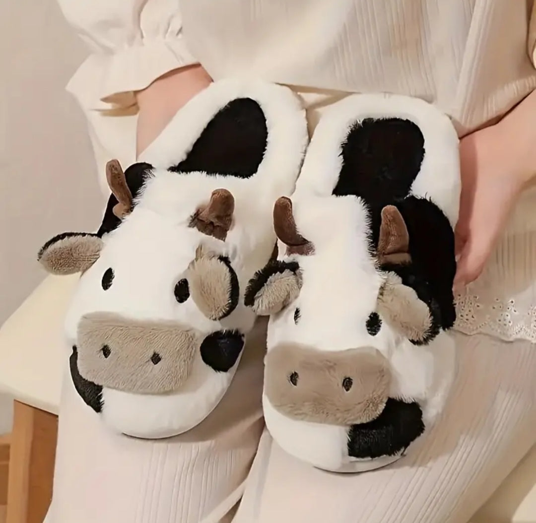 Women'S Plush Cow Print Slippers - Soft Indoor House Shoes with Cow Ears & Moo Moo Design, Cozy Winter Warmth, Non-Slip Rubber Sole