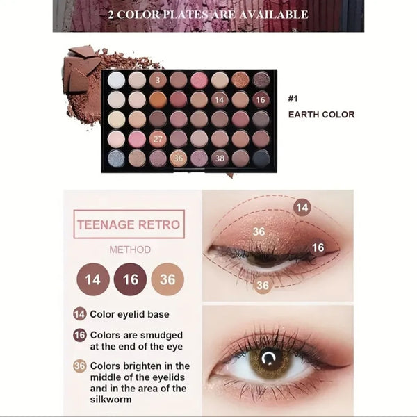 40 Color Eyeshadow Palette, Earth Color Smokey Punk Eyeshadow Powder, Matte & Shimmer & Pearly High Pigmented Eye Cosmetics