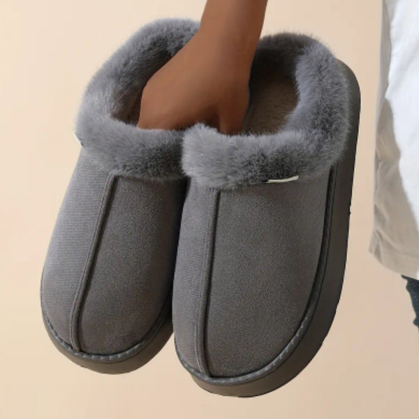 Fashionable And Elegant Short-Haired Plush Warm Thick-Soled EVA Slippers with a Color-Matched Sole., Women Shoes