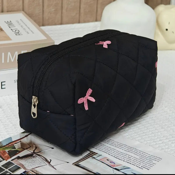 Black embroidery pink bow folding storage bag-ladies portable travel home finishing bag, fashion gift selection, durable zipper design, exquisite accessories