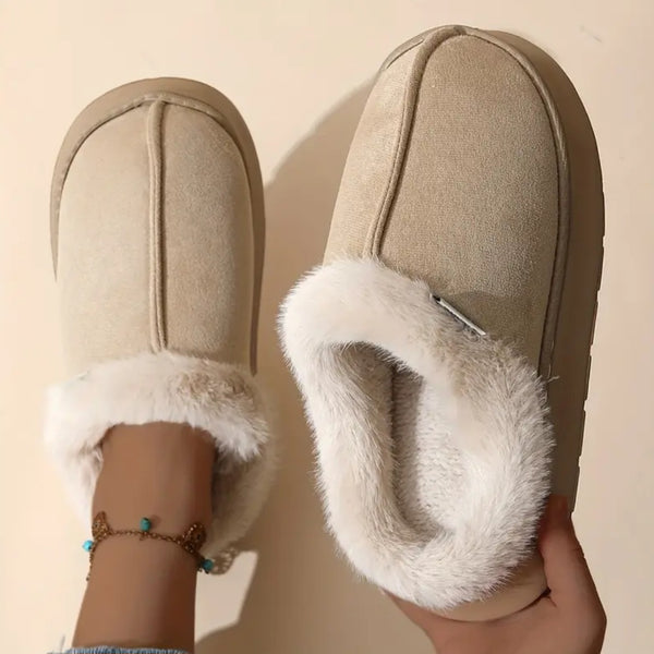 Fashionable And Elegant Short-Haired Plush Warm Thick-Soled EVA Slippers with a Color-Matched Sole., Women Shoes
