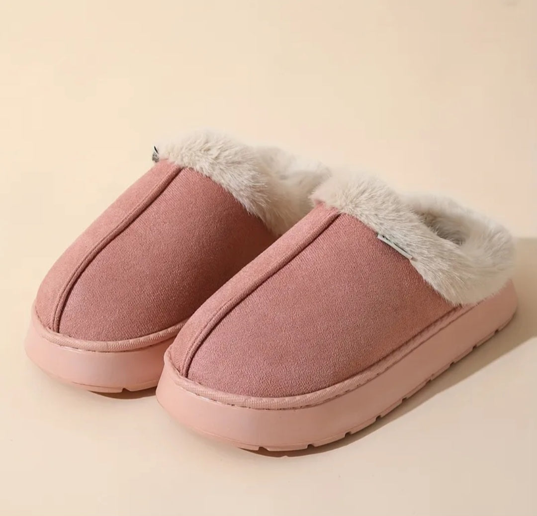Fashionable And Elegant Short-Haired Plush Warm Thick-Soled EVA Slippers with a Color-Matched Sole., Women Shoes