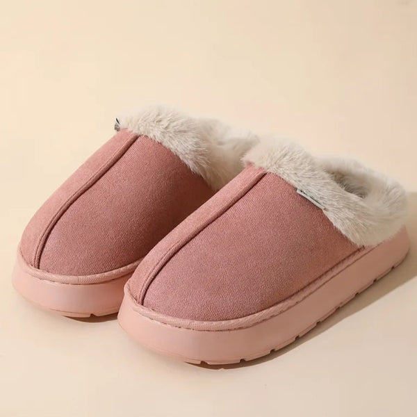 Fashionable And Elegant Short-Haired Plush Warm Thick-Soled EVA Slippers with a Color-Matched Sole., Women Shoes