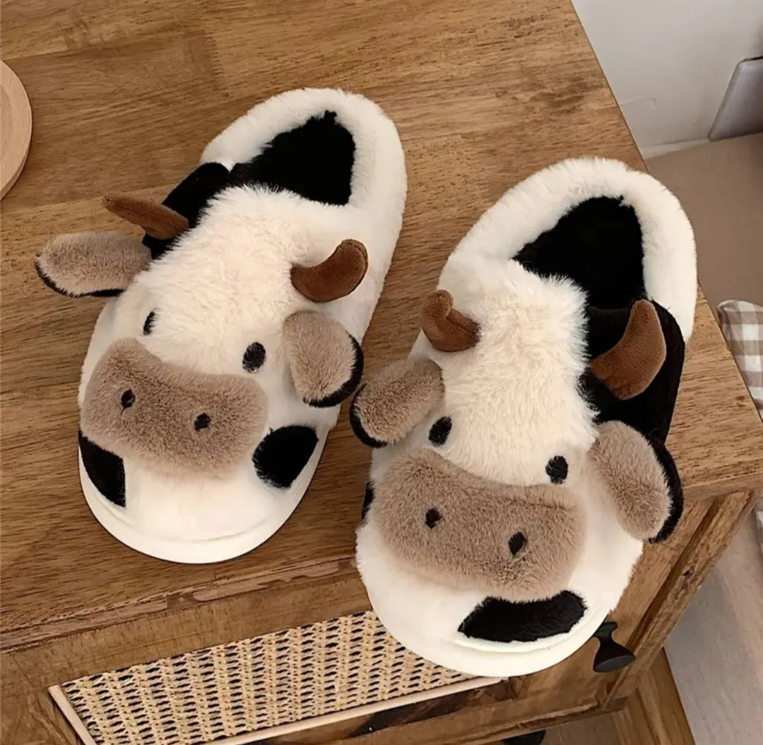 Women'S Plush Cow Print Slippers - Soft Indoor House Shoes with Cow Ears & Moo Moo Design, Cozy Winter Warmth, Non-Slip Rubber Sole