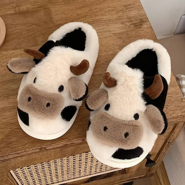 Women'S Plush Cow Print Slippers - Soft Indoor House Shoes with Cow Ears & Moo Moo Design, Cozy Winter Warmth, Non-Slip Rubber Sole