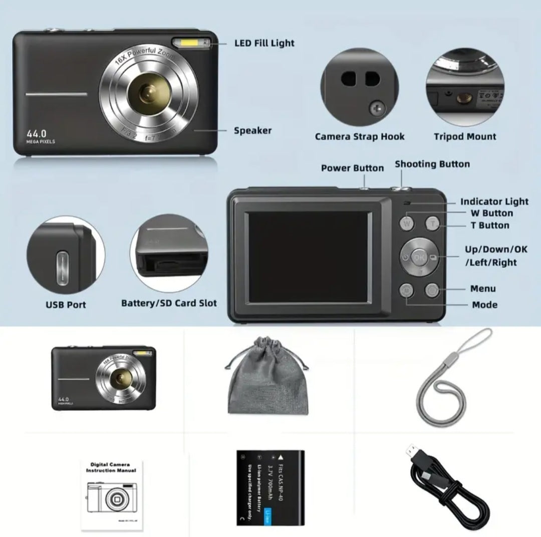 CAMKORY Digital Camera, FHD 1080P 44MP Digital Camera, Digital Point and Shoot Camera with 16X Digital Zoom, Anti Shake, 32GB Memory Card, Compact Small Camera