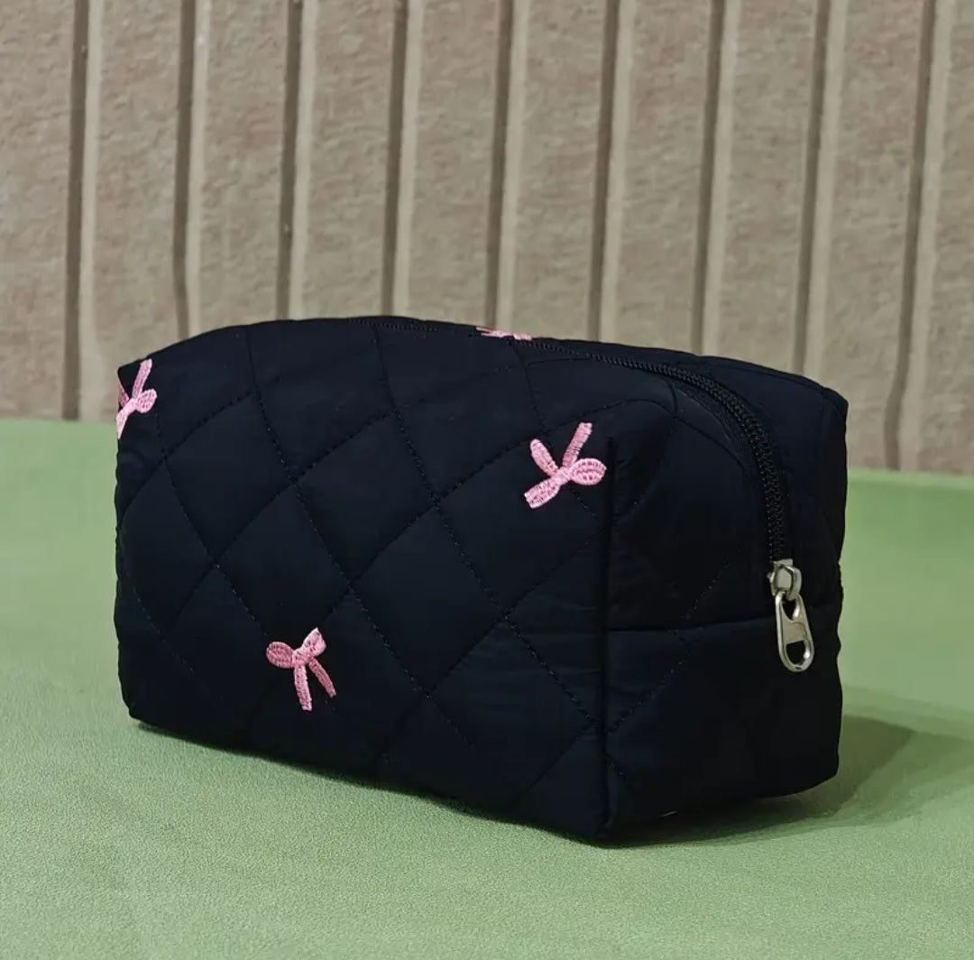 Black embroidery pink bow folding storage bag-ladies portable travel home finishing bag, fashion gift selection, durable zipper design, exquisite accessories