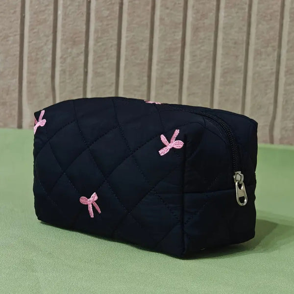 Black embroidery pink bow folding storage bag-ladies portable travel home finishing bag, fashion gift selection, durable zipper design, exquisite accessories
