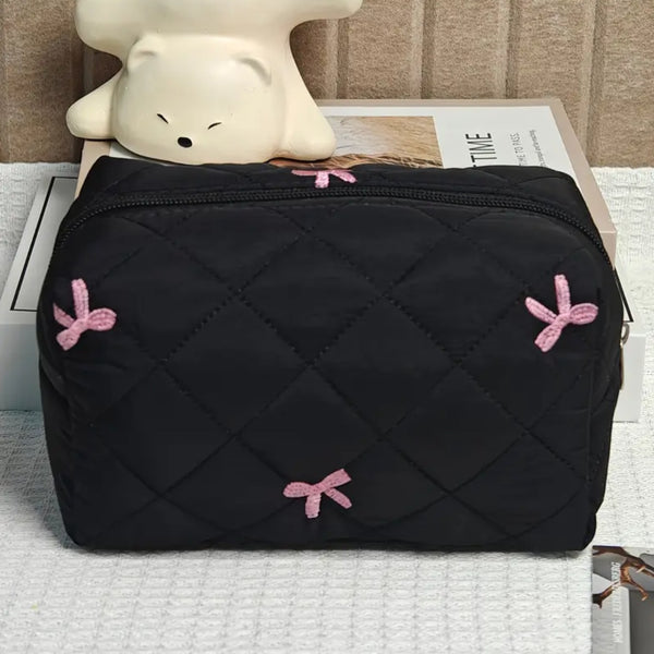 Black embroidery pink bow folding storage bag-ladies portable travel home finishing bag, fashion gift selection, durable zipper design, exquisite accessories